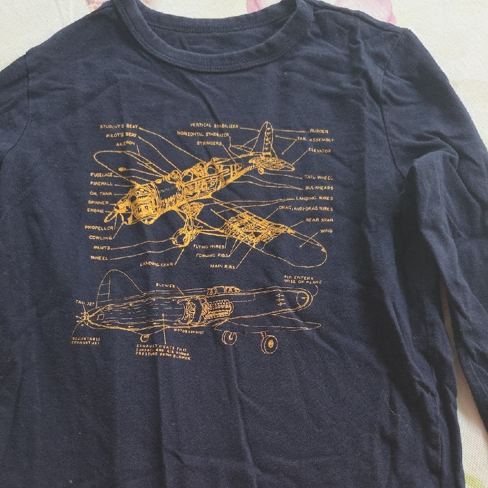 GAP Kids Navy Blue Long Sleeve Tee with Gold Airplane Design